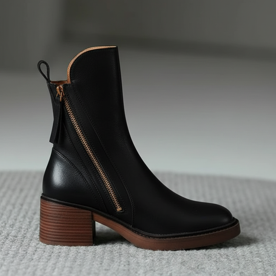 Valorine™ | Svart läderkänga med bekväm klack, elegant och tidlös