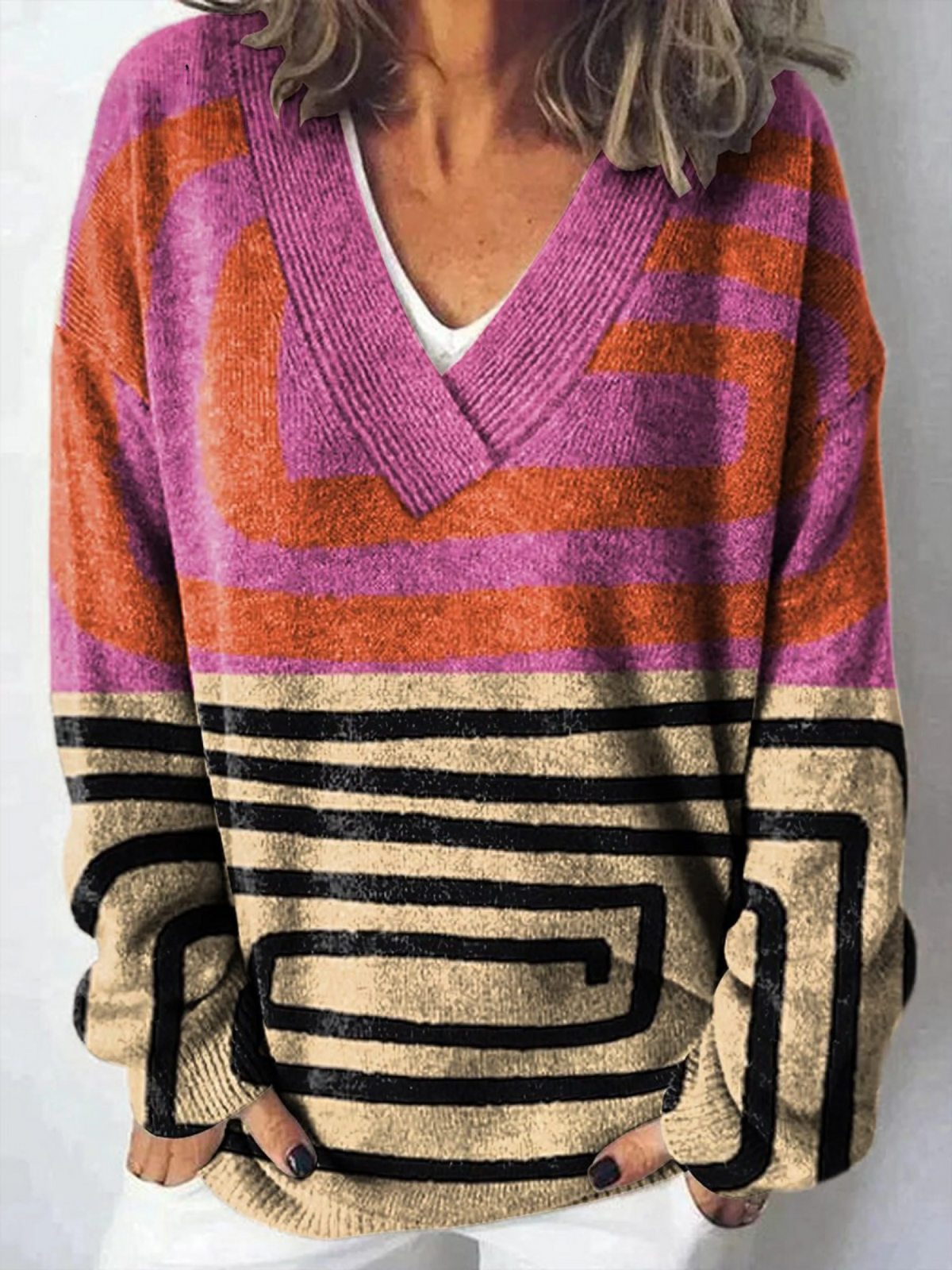 Färgglad Abstrakt Grafisk Tryck Stickad V-ringad Pullover Tröja